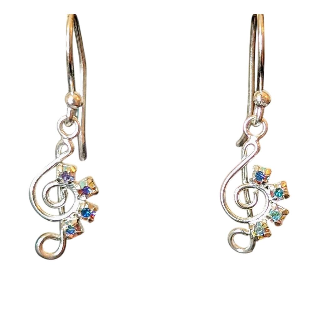 Marked 925 Sterling Treble Clef AB Crystal Dangle French Wire Earrings